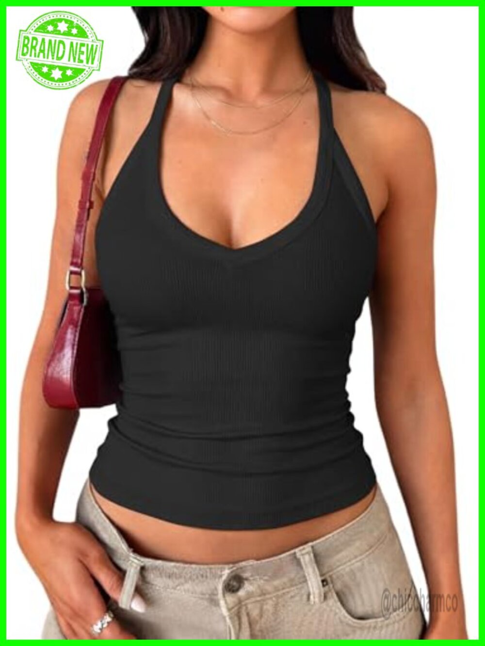 Built-in Bra Tank Top Racerback V Neck Cotton Ribbed Womens Shirt